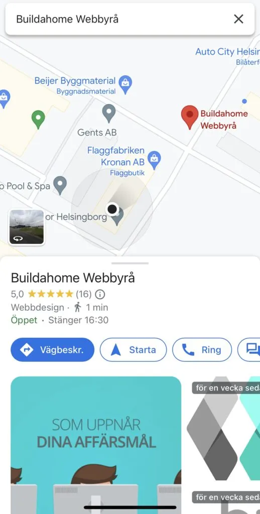 Buildahomes Google My Business på mobil i Google maps