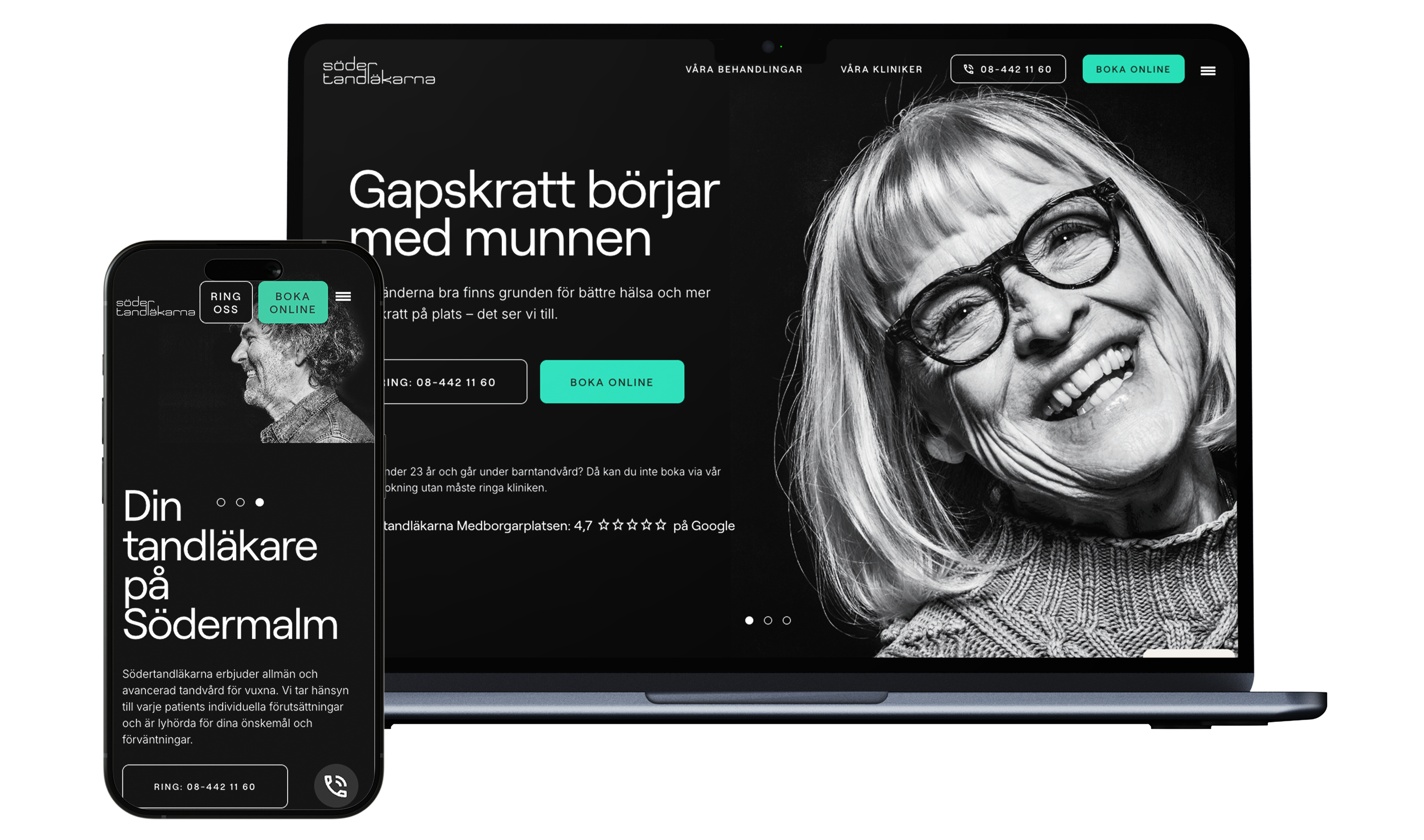 En laptop och ne mobil som visar Södertandläkarnas hemsida