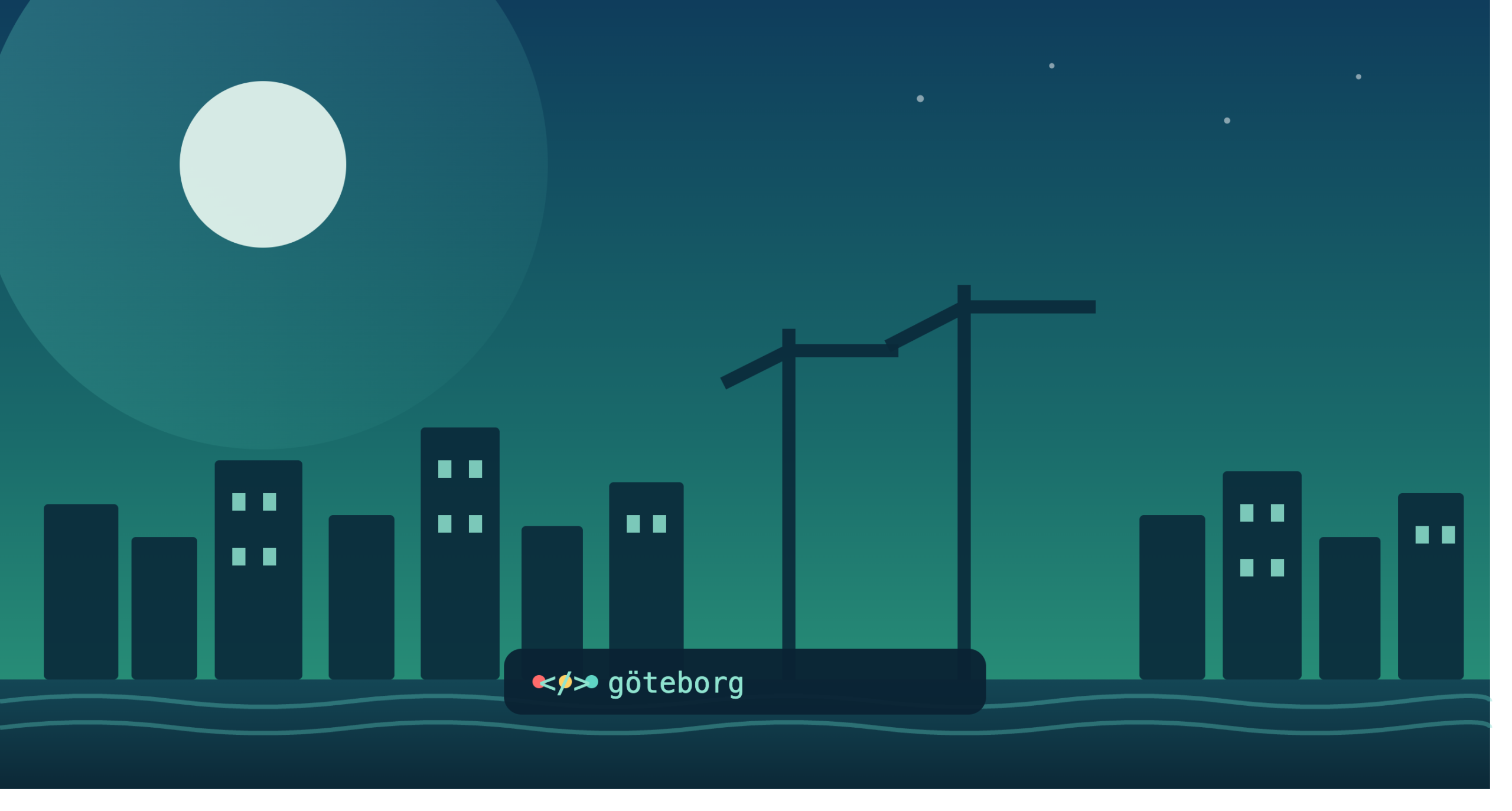 Illustration av Göteborgs stadssiluett med hamnkranar och vatten i blått och grönt, tema webbutveckling