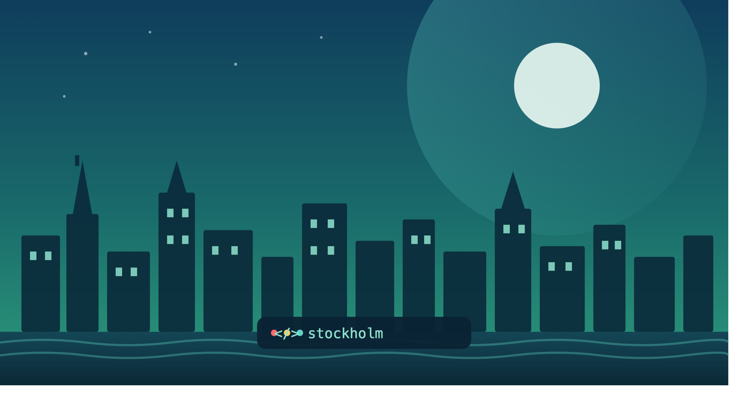 Illustration av Stockholms stadssiluett med spiror och vatten i blått och grönt, tema webbutveckling